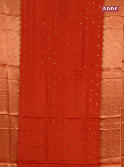Semi mysore silk saree orange and allover zari woven buttas and zari checks muniya butta border