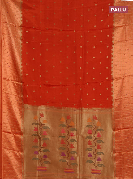 Semi mysore silk saree orange and allover zari woven buttas and zari checks muniya butta border