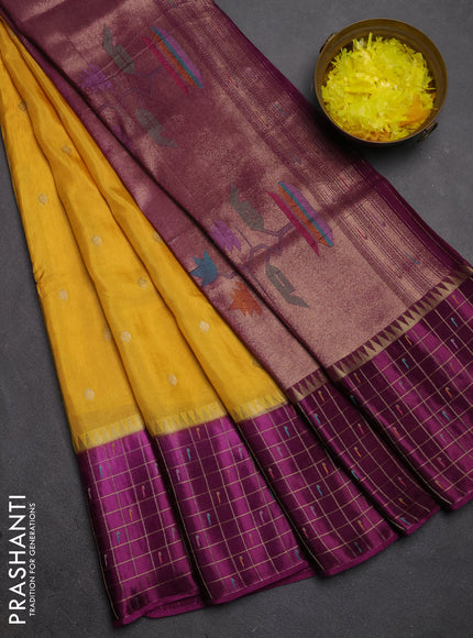 Semi mysore silk saree mustard yellow and violet allover zari woven buttas and zari checks muniya butta border