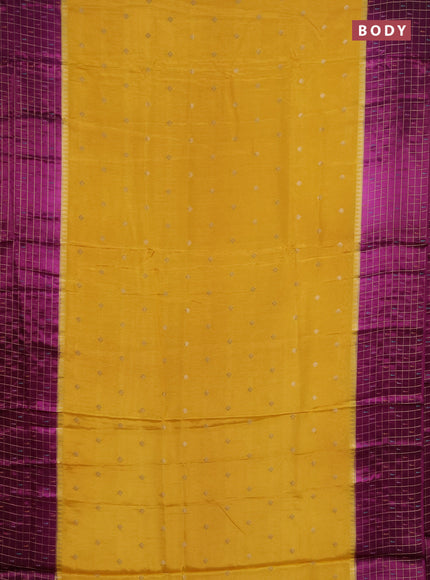 Semi mysore silk saree mustard yellow and violet allover zari woven buttas and zari checks muniya butta border