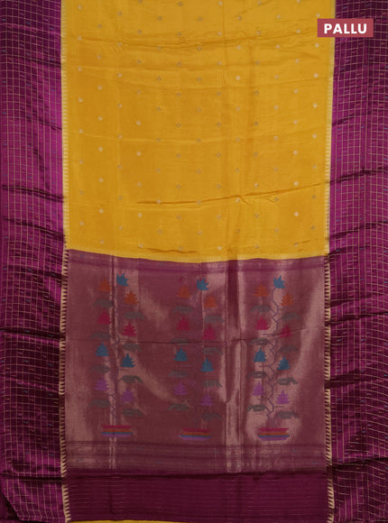 Semi mysore silk saree mustard yellow and violet allover zari woven buttas and zari checks muniya butta border