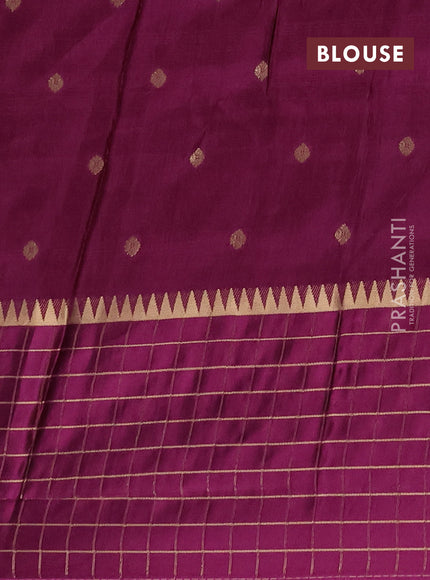 Semi mysore silk saree mustard yellow and violet allover zari woven buttas and zari checks muniya butta border