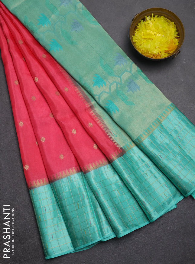 Semi mysore silk saree peach pink and teal green allover zari woven buttas and zari checks muniya butta border
