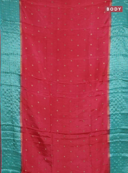 Semi mysore silk saree peach pink and teal green allover zari woven buttas and zari checks muniya butta border