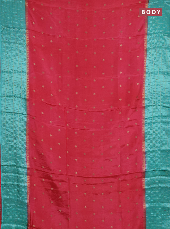 Semi mysore silk saree peach pink and teal green allover zari woven buttas and zari checks muniya butta border
