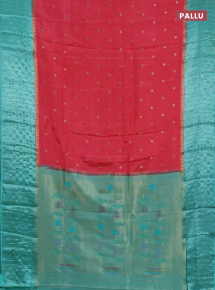 Semi mysore silk saree peach pink and teal green allover zari woven buttas and zari checks muniya butta border