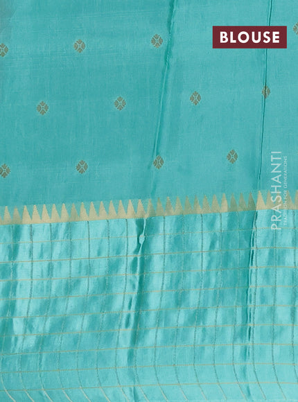 Semi mysore silk saree peach pink and teal green allover zari woven buttas and zari checks muniya butta border