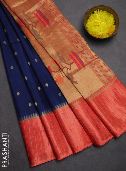 Semi mysore silk saree peacock blue and orange allover zari woven buttas and zari checks muniya butta border