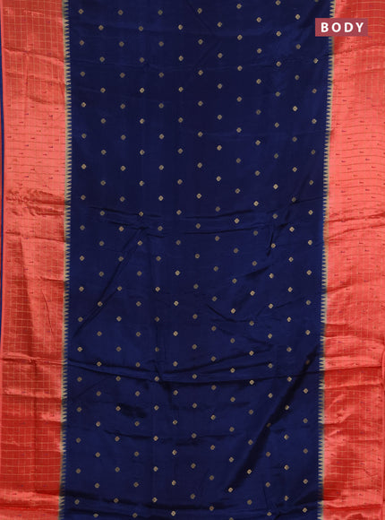 Semi mysore silk saree peacock blue and orange allover zari woven buttas and zari checks muniya butta border