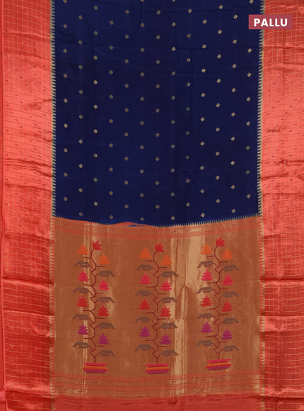 Semi mysore silk saree peacock blue and orange allover zari woven buttas and zari checks muniya butta border