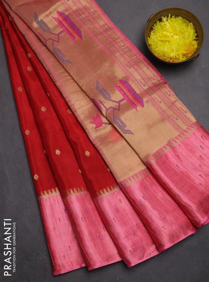 Semi mysore silk saree maroon and peach pink allover zari woven buttas and zari checks muniya butta border
