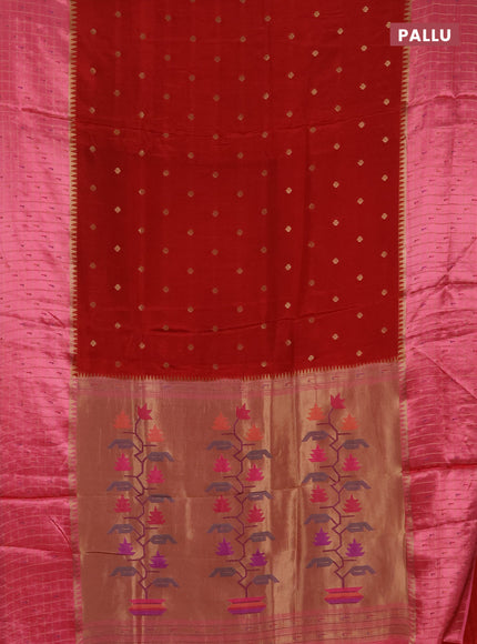 Semi mysore silk saree maroon and peach pink allover zari woven buttas and zari checks muniya butta border