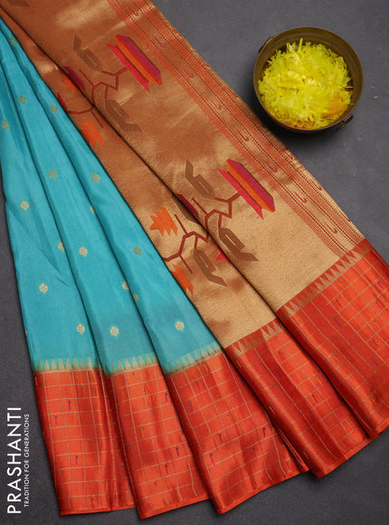 Semi mysore silk saree teal green and orange allover zari woven buttas and zari checks muniya butta border