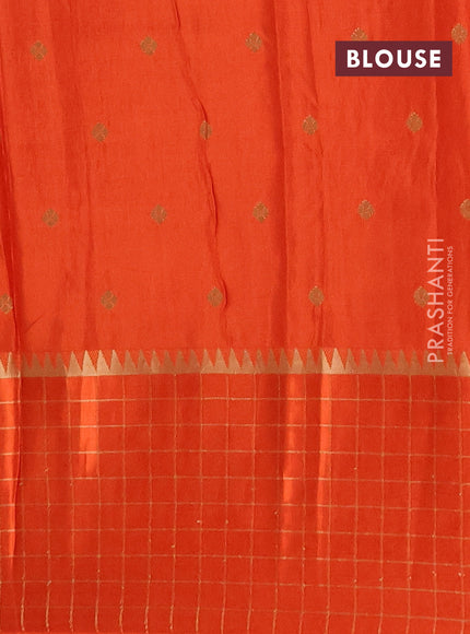 Semi mysore silk saree teal green and orange allover zari woven buttas and zari checks muniya butta border