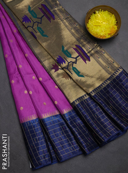 Semi mysore silk saree purple and navy blue allover zari woven buttas and zari checks muniya butta border