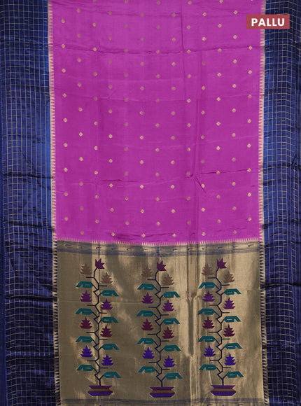 Semi mysore silk saree purple and navy blue allover zari woven buttas and zari checks muniya butta border