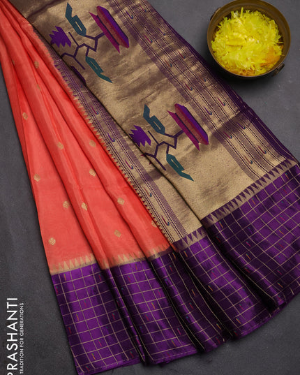 Semi mysore silk saree orange and purple allover zari woven buttas and zari checks muniya butta border