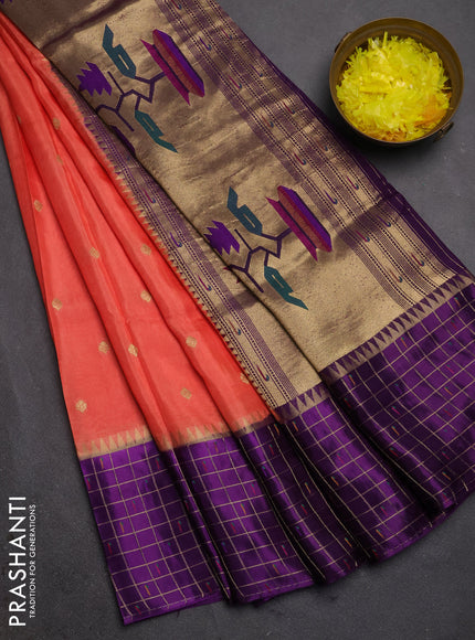 Semi mysore silk saree orange and purple allover zari woven buttas and zari checks muniya butta border