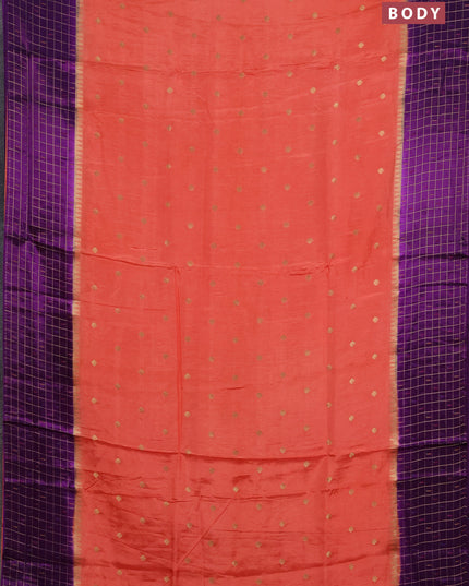 Semi mysore silk saree orange and purple allover zari woven buttas and zari checks muniya butta border