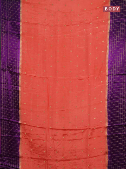 Semi mysore silk saree orange and purple allover zari woven buttas and zari checks muniya butta border