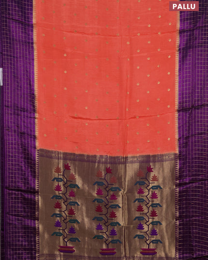 Semi mysore silk saree orange and purple allover zari woven buttas and zari checks muniya butta border