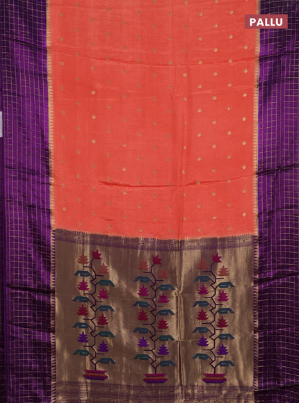 Semi mysore silk saree orange and purple allover zari woven buttas and zari checks muniya butta border