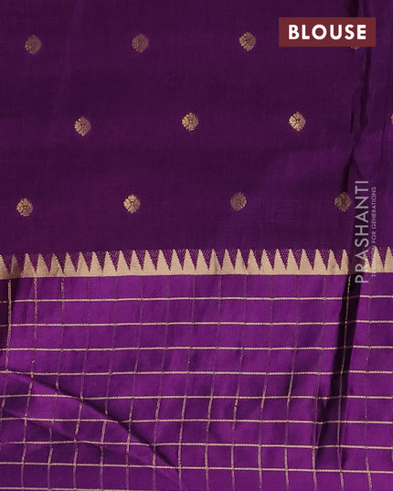 Semi mysore silk saree orange and purple allover zari woven buttas and zari checks muniya butta border