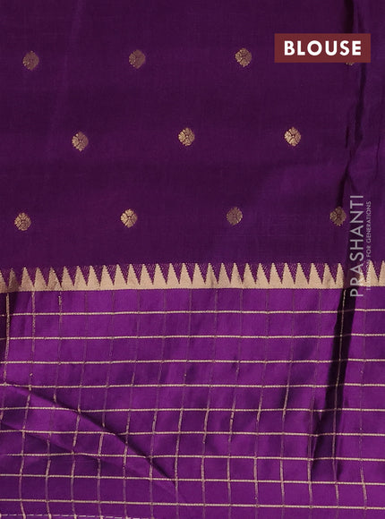 Semi mysore silk saree orange and purple allover zari woven buttas and zari checks muniya butta border