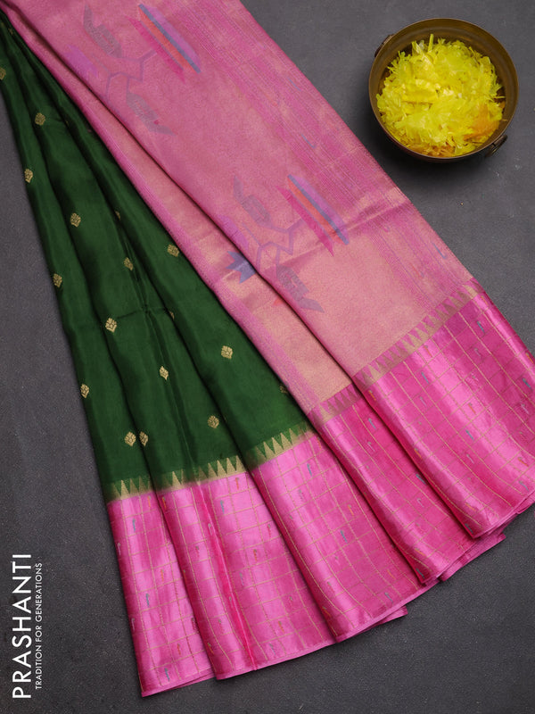 Semi mysore silk saree green and light pink allover zari woven buttas and zari checks muniya butta border