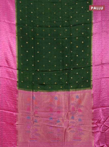 Semi mysore silk saree green and light pink allover zari woven buttas and zari checks muniya butta border