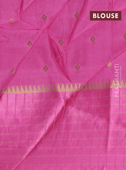 Semi mysore silk saree green and light pink allover zari woven buttas and zari checks muniya butta border