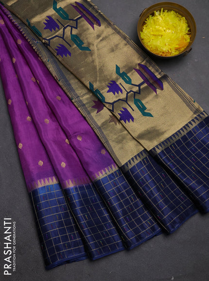 Semi mysore silk saree purple and navy blue allover zari woven buttas and zari checks muniya butta border