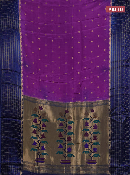 Semi mysore silk saree purple and navy blue allover zari woven buttas and zari checks muniya butta border