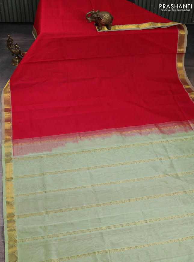 Silk cotton saree maroon and pista green with plain body and temple zari woven border