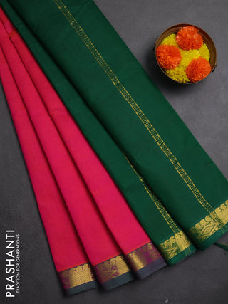 Silk cotton saree candy pink and green with plain body and zari woven border