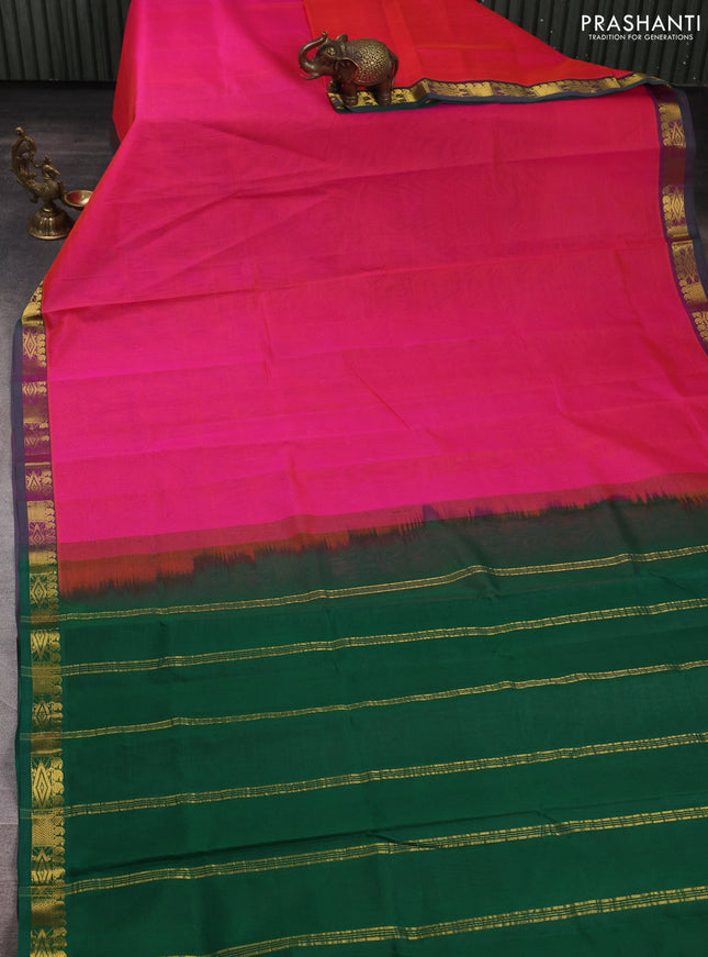 Silk cotton saree candy pink and green with plain body and zari woven border