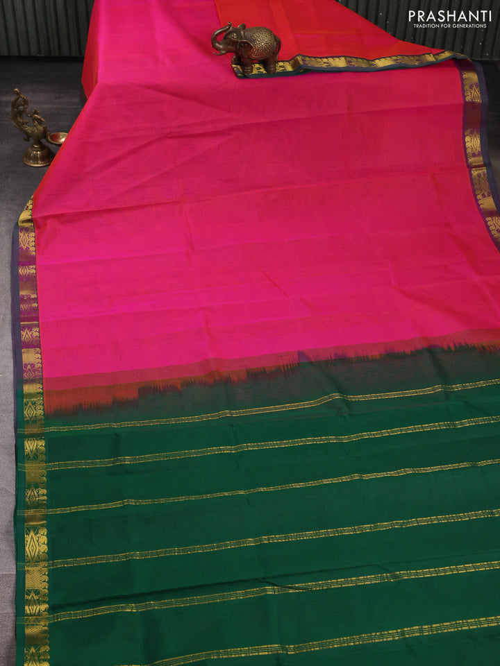 Silk cotton saree candy pink and green with plain body and zari woven border