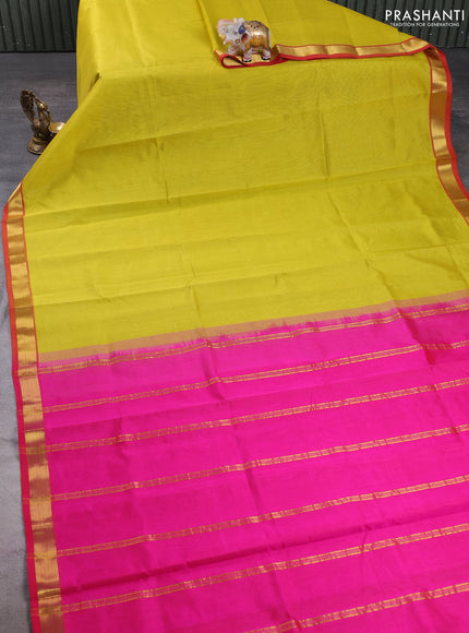 Silk cotton saree lime green and pink with plain body and zari woven border