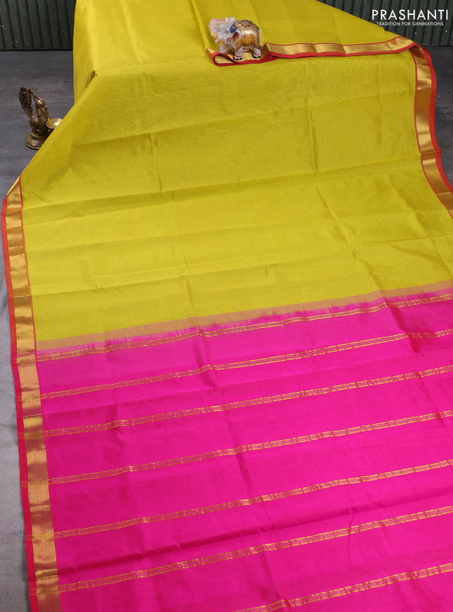 Silk cotton saree lime green and pink with plain body and zari woven border