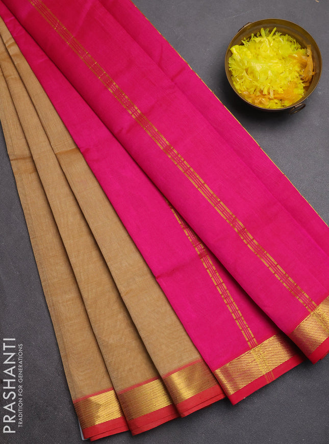 Silk cotton saree dark sandal and pink with plain body and zari woven border
