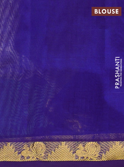 Silk cotton saree pastel grey and royal blue with plain body and annam & temple zari woven border