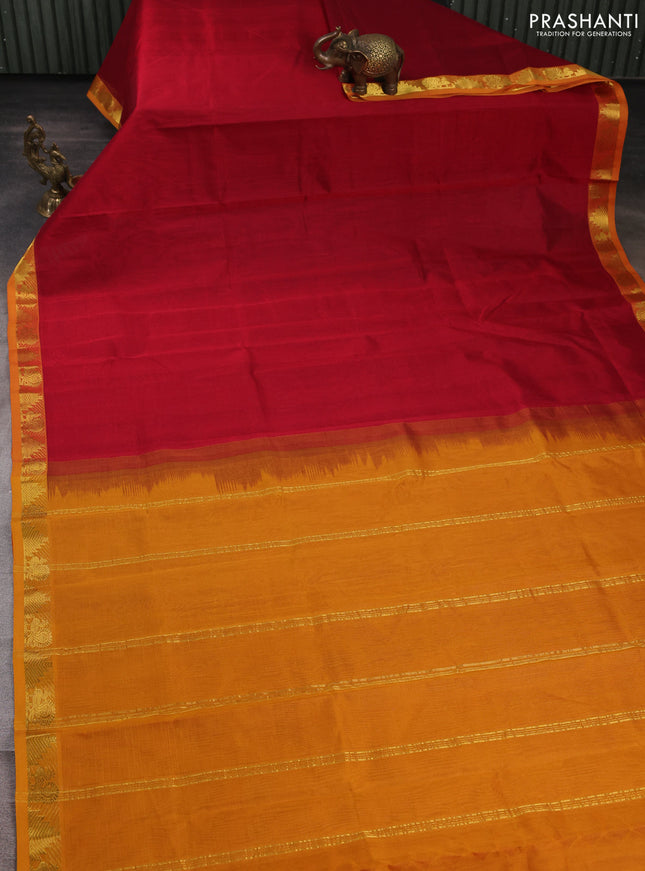 Silk cotton saree maroon and dark mustard with plain body and annam & temple zari woven border