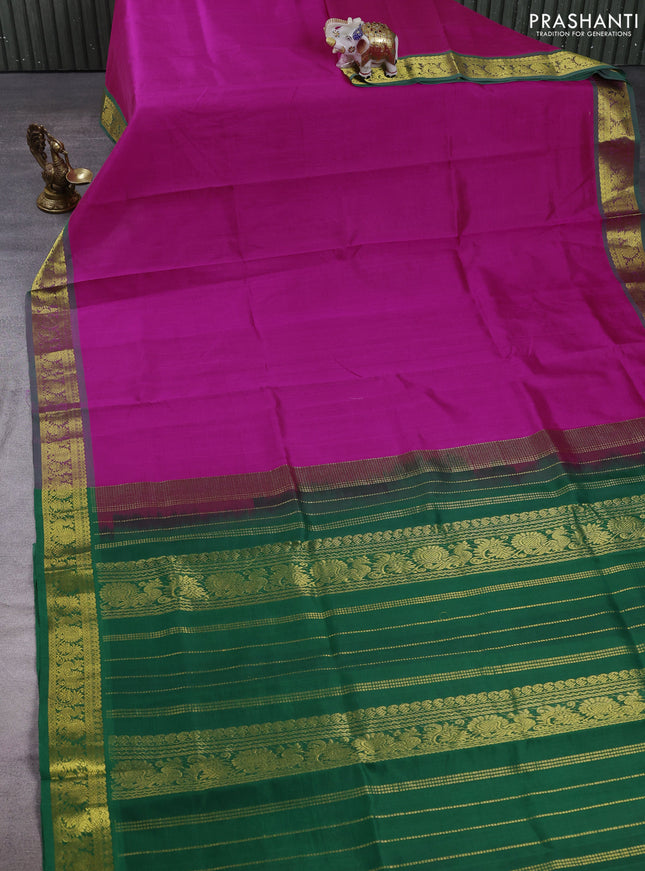 Silk cotton saree pink and green with plain body and zari woven border