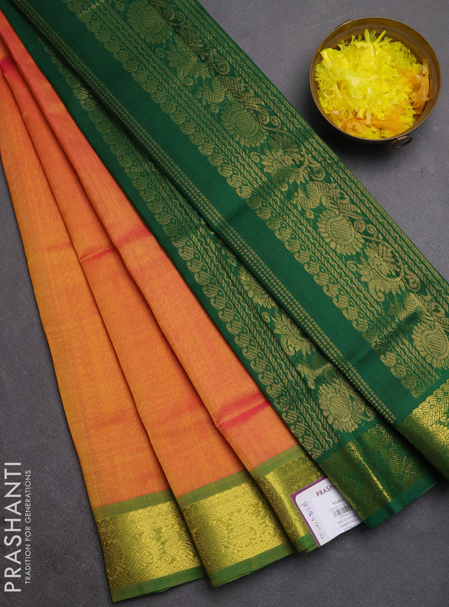 Silk cotton saree sunset orange and green with plain body and zari woven border