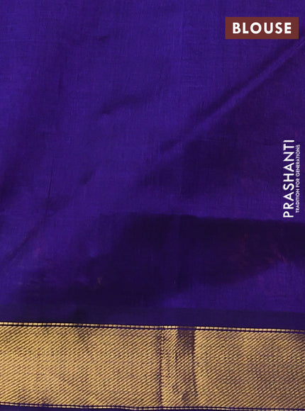 Silk cotton saree magenta pink and pacock blue with plain body and zari woven border