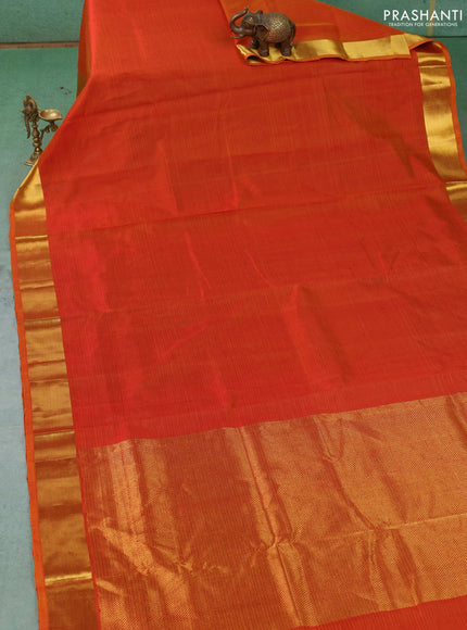 Silk cotton saree sunset orange with allover stripe pattern and zari woven border