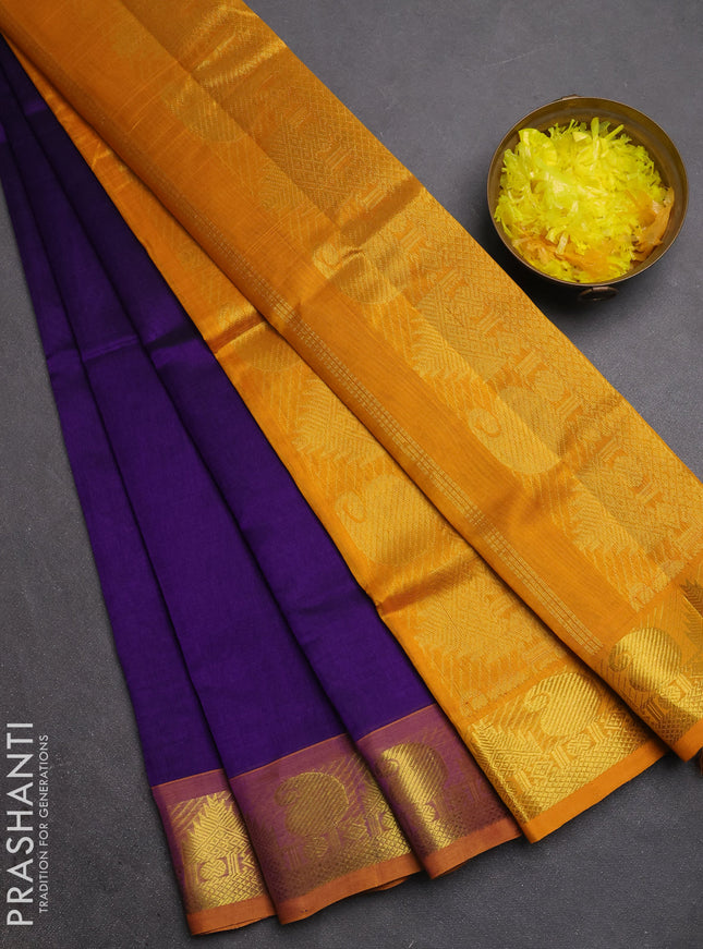 Silk cotton saree violet and mustard yellow with plain body and paisley & temple zari woven border