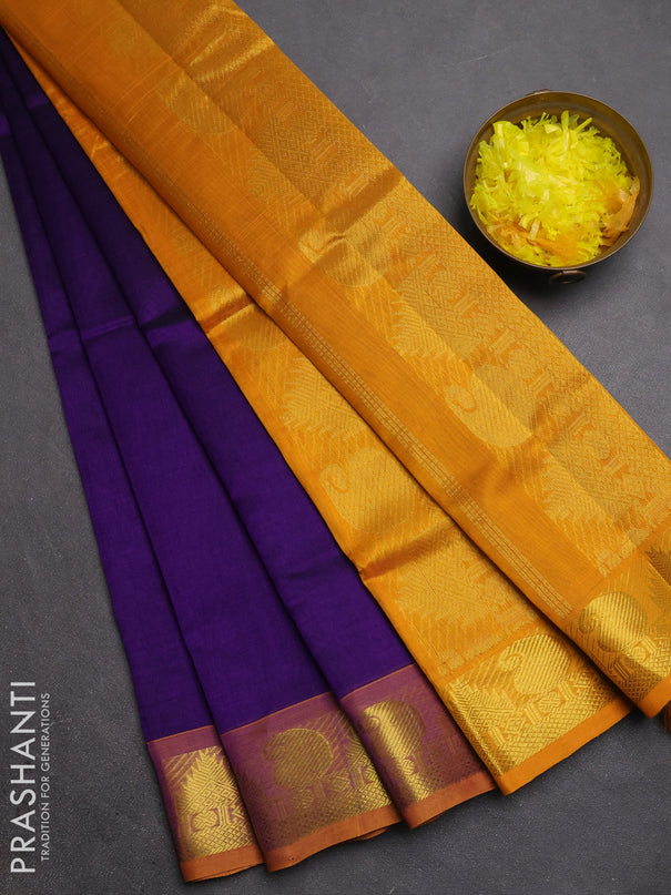 Silk cotton saree violet and mustard yellow with plain body and paisley & temple zari woven border