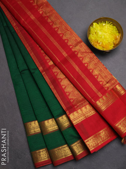 Silk cotton saree green and maroon with plain body and rettapet zari woven border