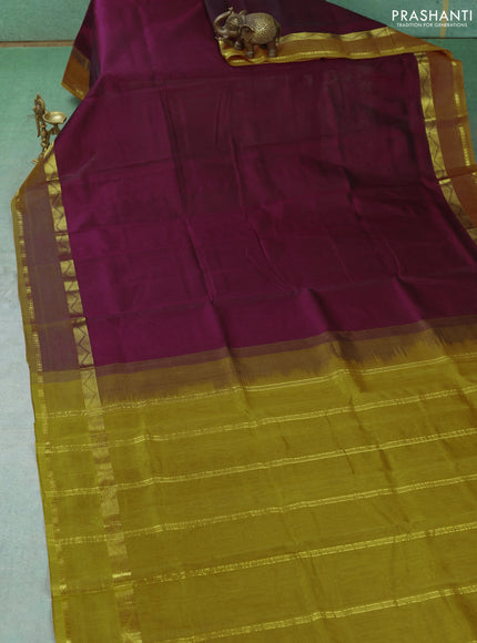 Silk cotton saree deep wine shade and dark mustard with plain body and rettapet zari woven border